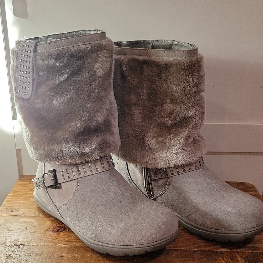 Gray Faux Fur Lined Boots with Studded Strap